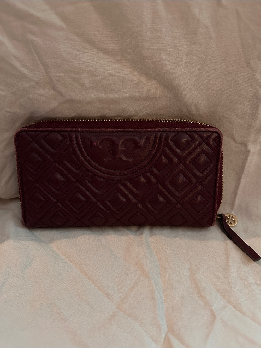 Tory Burch Quilted Zip Wallet in Burgundy with Gold Hardware